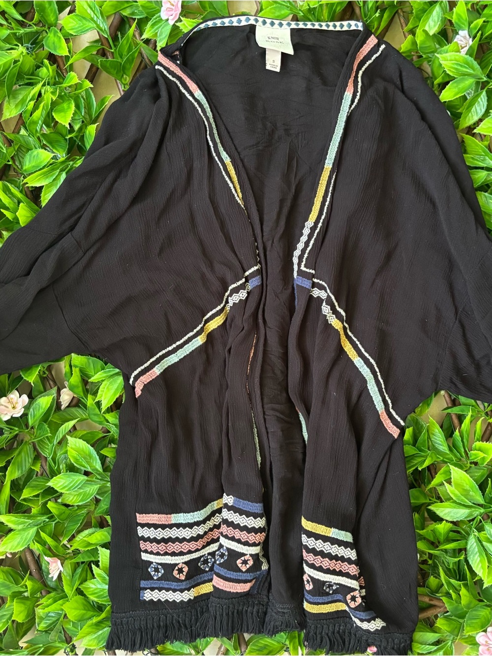 Knox Rose Black Embroidered Open-Front Boho Kimono